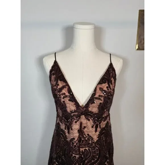 Women's Free People Maroon Sequined Spaghetti Strap V Neck Dress Size 8 - Picture 4 of 11